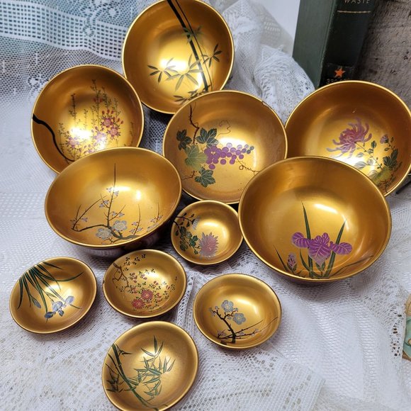 Vintage Wood Lacquer Bowl Set 11 Pc Set SZK - Picture 13 of 16